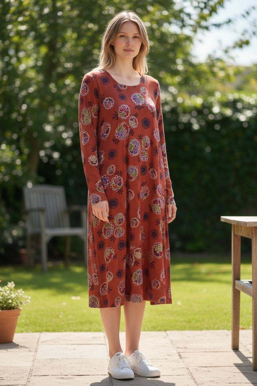 Gudrun Sjödén Square Neck Floral Maya  Jersey Dress Size Medium Rust Color